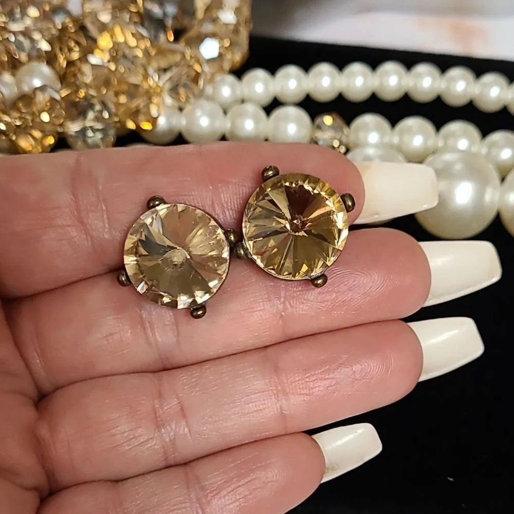 Champagne Crystal Large Stud Antiqued Gold Earrings